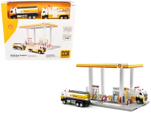 Shell Gas Station Playset with Volvo Oil Tanker and Volvo Tow Truck Diorama Set