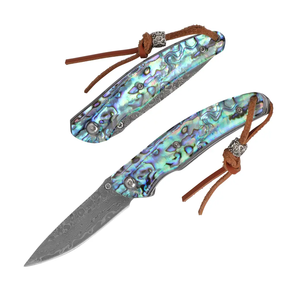 【DealsforYouDays】Damascus Folding Pocket Knife - Abalone Shell Handle, Well Designed Engraved Blade, Leather Lanyard - Camping Portable Pocket Carry Multi Functional Knives for Daily Use & Crafts, Well Designed Blades, Portable Multipurpose Knives
