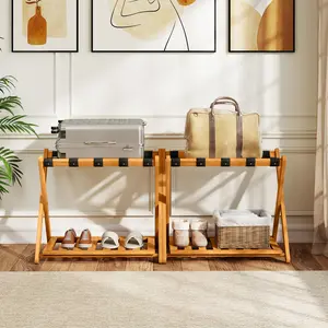 COSTWAY - Set of 2 Folding Luggage Racks with 5 Nylon Straps and Slatted Storage Shelf