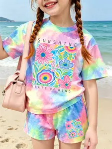 Girls' Sporty Set, Positive Mindset Rainbow Flower Print, 2-Piece Casual Short Sleeve & Shorts, Loose Fit, All Seasons, Perfect Gift for Kids