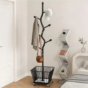 【Stand & Hang】Floor-Standing Clothing Rack, Freestanding Coat Rack, Independent Coat Hanger, Hat Bag Tie Storage Organizer, Space-Saving Home Organization Solution With wheels Laundry basket