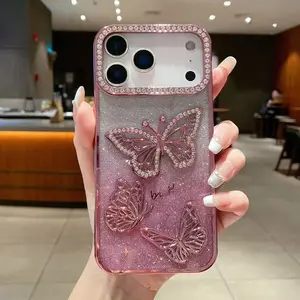 Glitter Butterfly Phone Cases For IPhone 17 16 Pro Max 15 14 13 12 11 Rhinestone Back Cover Accessories