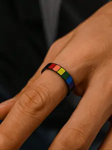 1pc stainless steel punk gothic rainbow block gay pride month men's Geometric Design Ring summer accessories