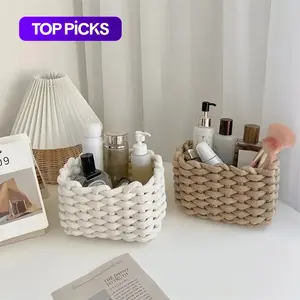 Woven Storage Basket, Portable Handmade Desktop Cosmetics Organizing Storage Basket, Home Organizer for Living Room Bedroom, Room Organizers