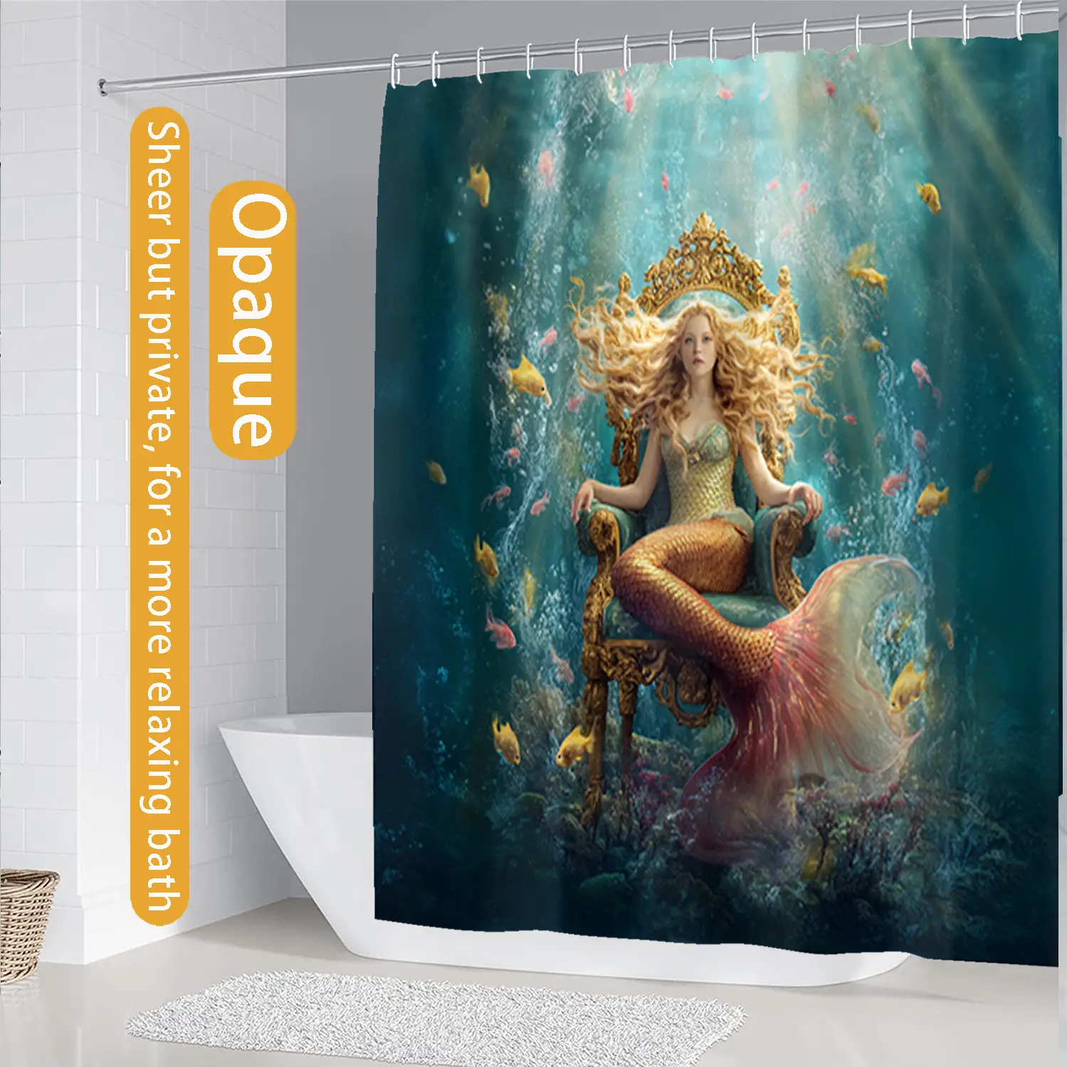 1/4 piece 2D flat printed mermaid design shower curtain set, waterproof polyester fiber, including toilet cover and anti slip carpet, U-shaped pad, optional single shower curtain, essential for home decoration