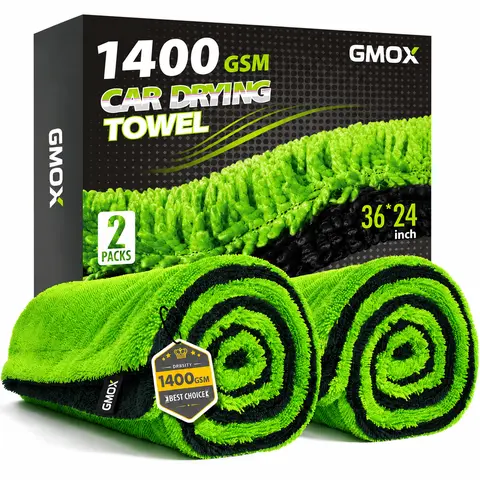 GMOX 2-Pack Microfiber Drying Towels, 36x24in 1400GSM Dual-Sided, Smooth, Super Absorbent, Scratch-Free, Streak-Free, Moisture-Resistant, Long-Lasting, Machine Washable for Cars, Car