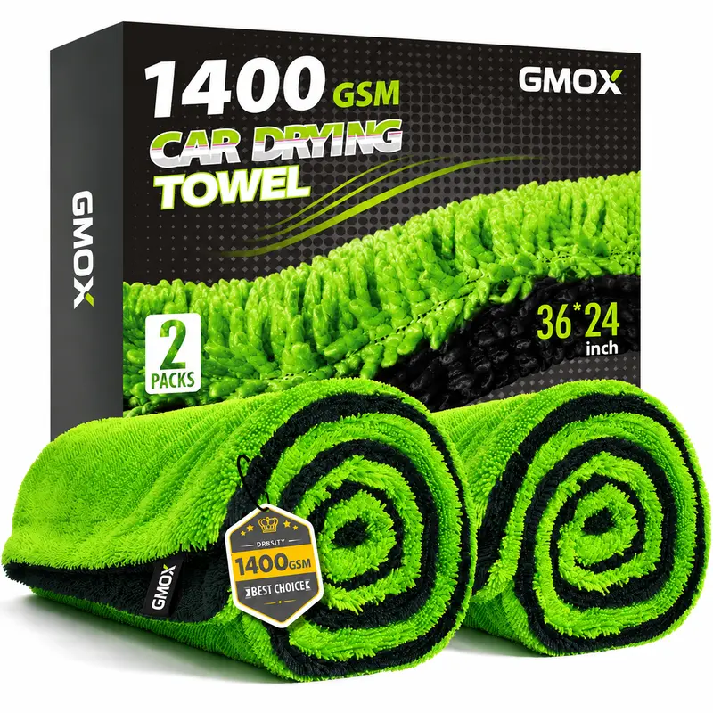 GMOX 2-Pack Microfiber Drying Towels, 36x24in 1400GSM Dual-Sided, Smooth, Super Absorbent, Scratch-Free, Streak-Free, Moisture-Resistant, Long-Lasting, Machine Washable for Cars, Car