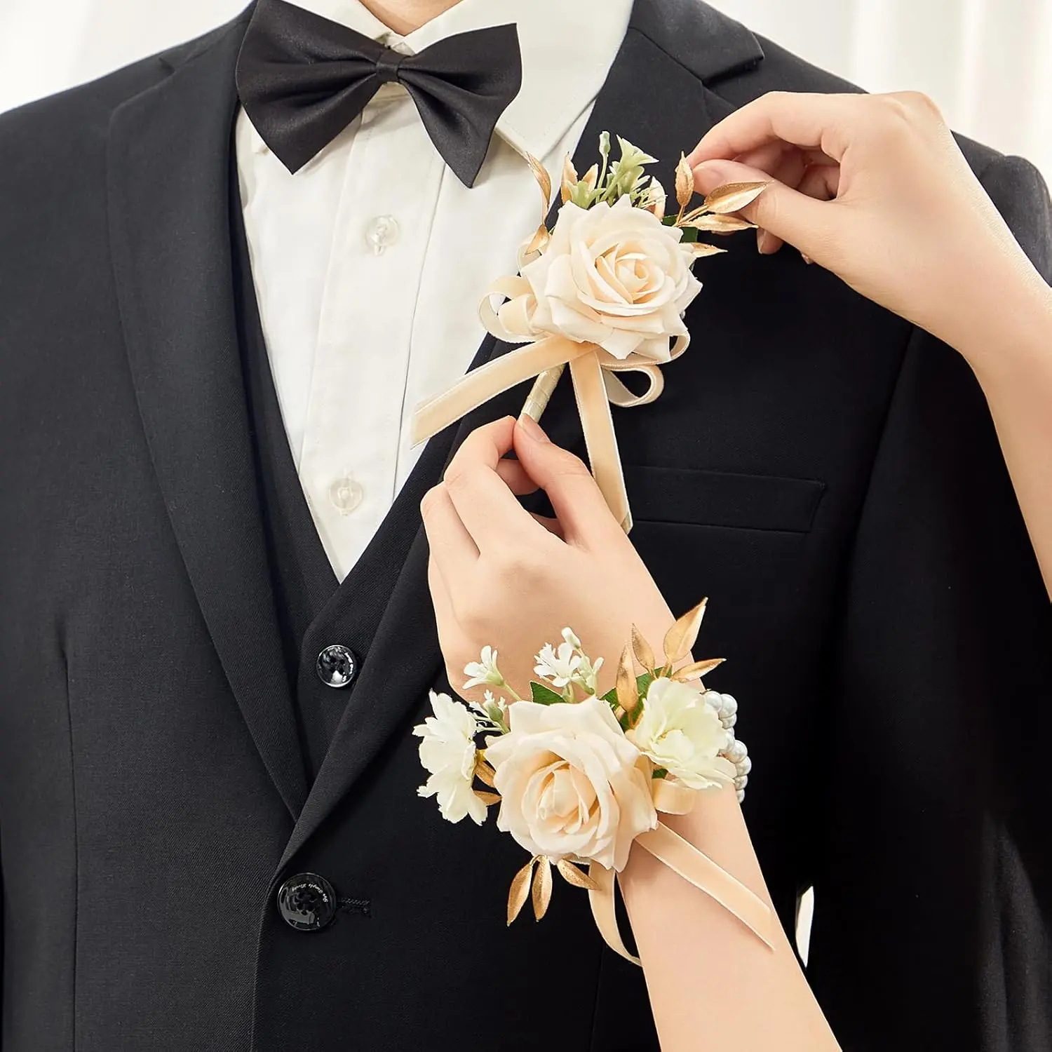 Champagne Rose 2-Pcs Formal Corsage and Boutonniere Set - Wrist Corsage Wristlet, Boutonnieres for Mother of the Bride, Dances, Wedding Ceremonies, Outdoor Parties, Suit Decorations, 2 Pcs Set, Lightweight, Ceremony, Realistic Blooms, 1 Boutonniere & 1 Wr