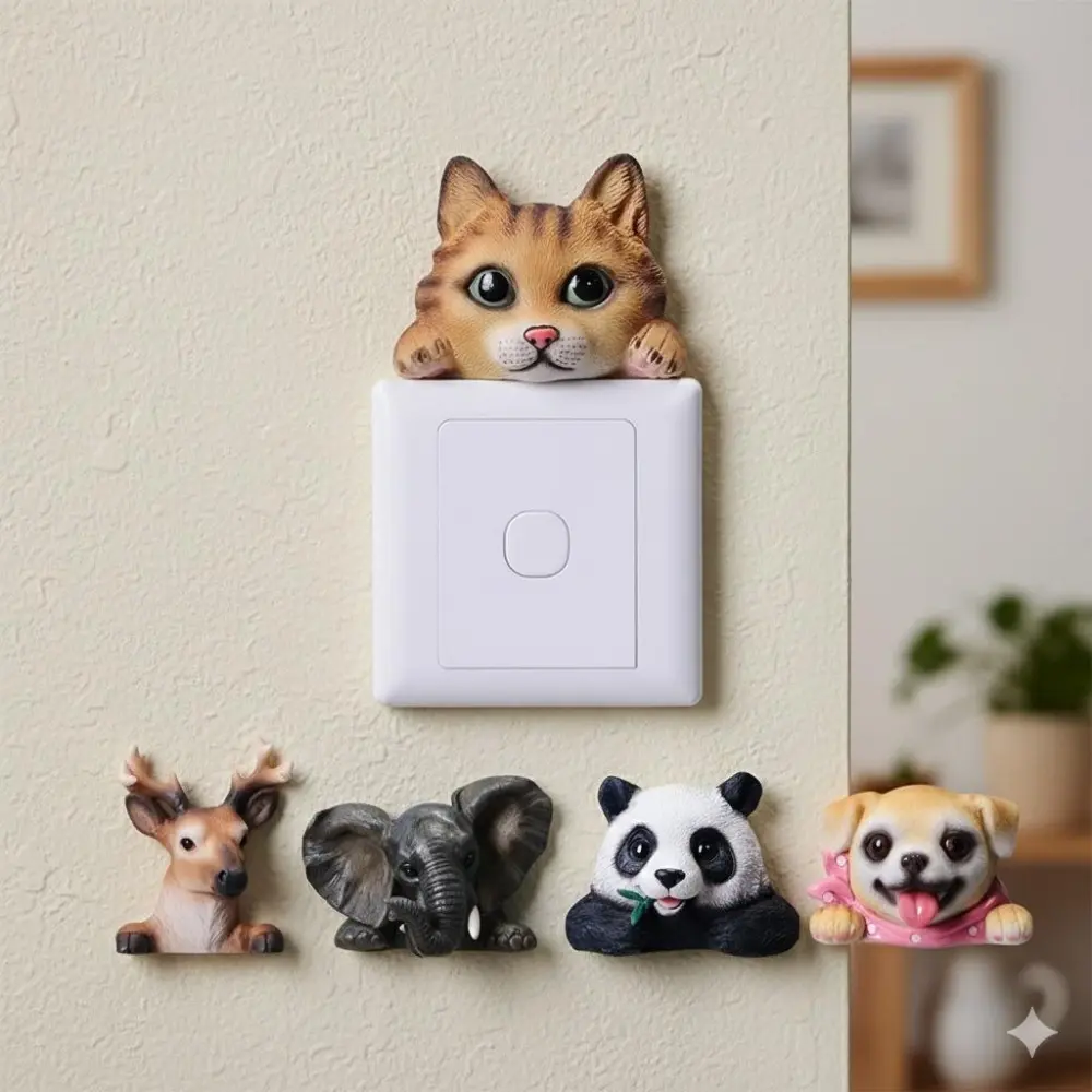 3D Animal Switch Stickers, Removable Wall Decals for Kids Room, Cartoon Outlet Covers, DIY Home Decor, Panda Deer Dog Nursery Wall Art, Ins Style Living Room Decor, Creative Pet Animal Wall Decals