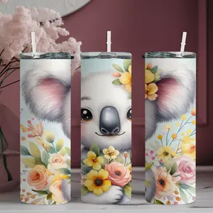 20oz stainless steel water bottle with straw, Cute koala holding a bouquet of flowers pattern skinny tumbler, suitable for fitness, travel, driving, and daily use at home. A great gift for family and friends | 1pc