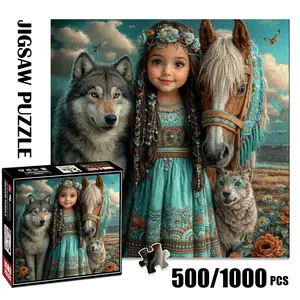 1pc 1000 piece adult puzzle 58x58cm Wolf, Horse and Decorated Figure in Bohemian Style 500 pieces paper jigsaw puzzle suitable for DIY creative games for adults and families, birthday and holiday s