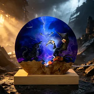 Handmade GodziIIa Resin Lamp Godzilla vs Ghidorah Resin Night Light Multi-Color LED Light Monster Duel 3D Miniature Scene Creative Decorative Lamp Cafe Home Living Room Decor Fantasy Lover Fun Desk Ornament, Unique Gifts for Halloween Valentine