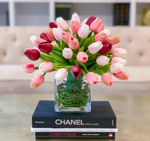 Red Real Touch Tulip Centerpiece Square Vase