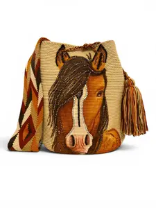 Large Handmade Horse Wayuu Bag | Luxury Crochet Bucket Bag with Crystal Details & Wide Strap