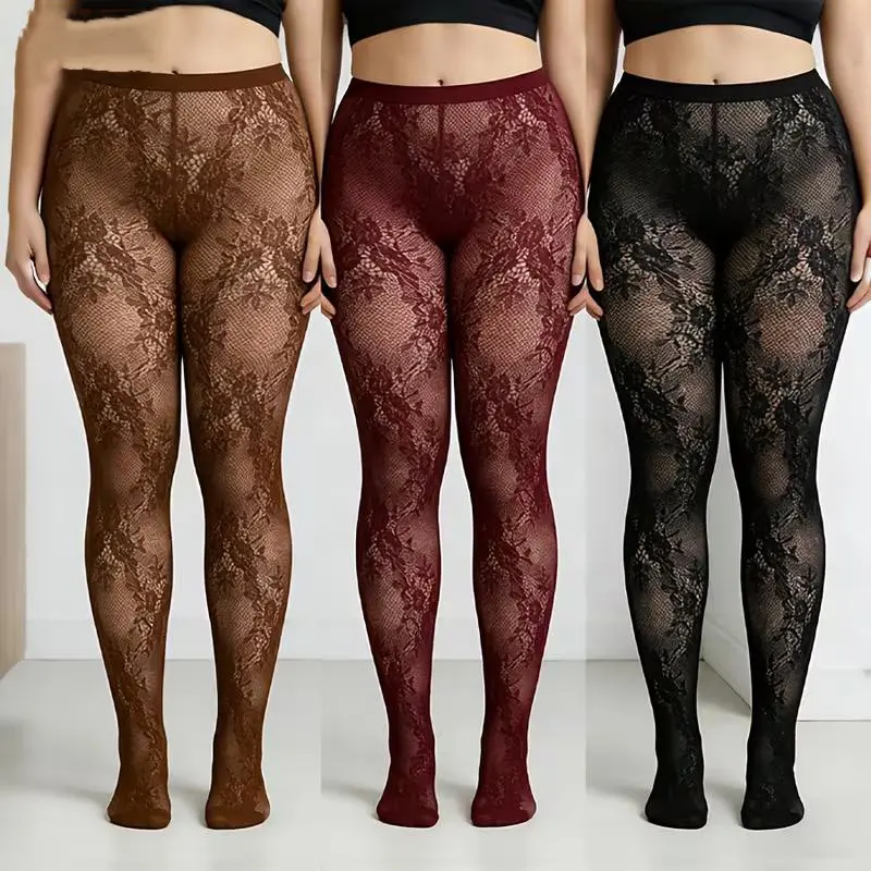 3pcs-Women's Plus Size Coffee Floral Mesh Tights Vintage Flower Pattern Pantyhose Breathable Hollow Out Stockings Everyday Casual Wear Streetwear Holiday Party Weekend Outing Daily Style