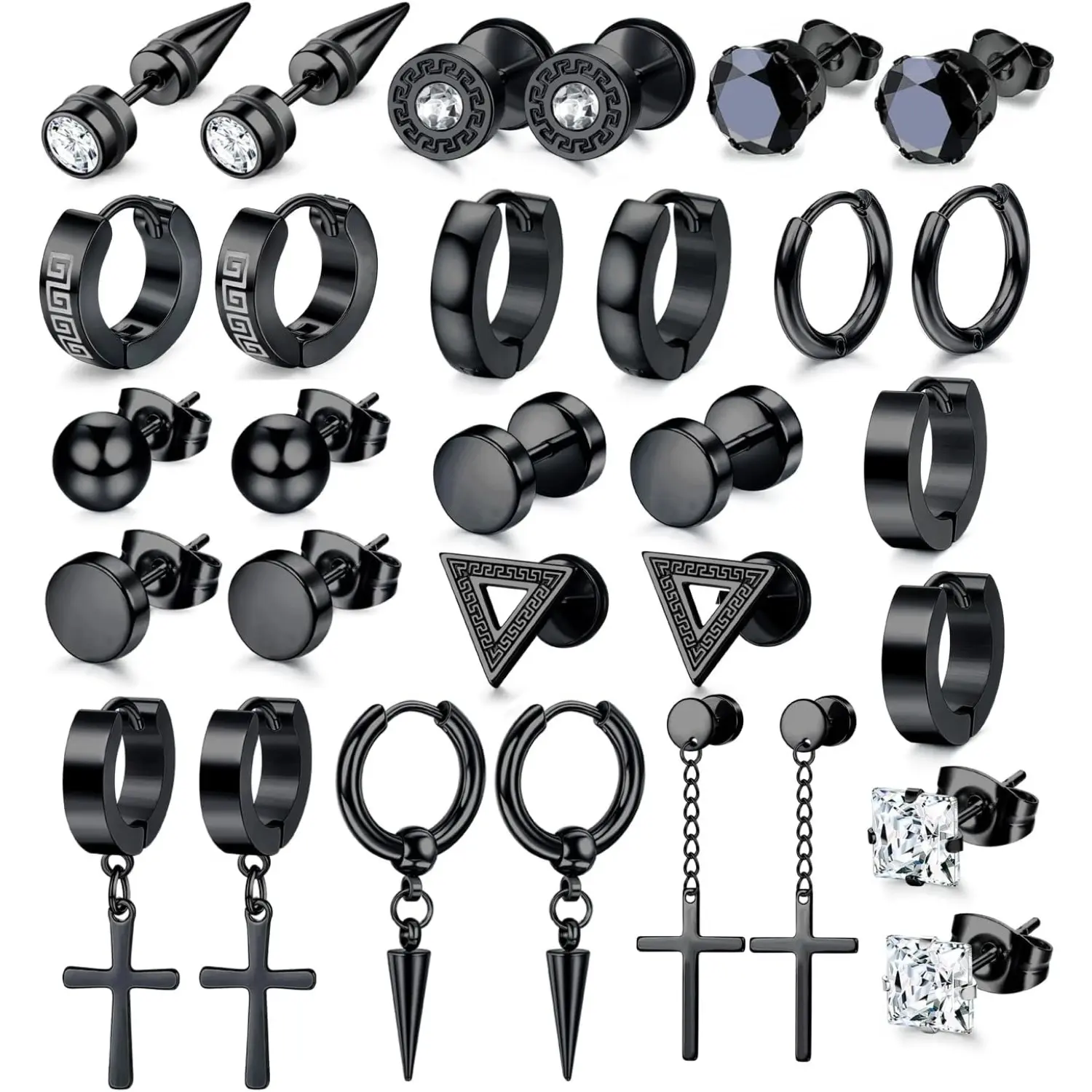 Milacolato 15-Pair Earrings Set for Men and Women, Stainless Steel Hoop, Stud & Cross Dangle Styles with Zirconia, Hypoallergenic Black and Silver Casual Jewelry, High Quality Earrings, Sparkling Ear Jewelry, 15 Pairs, Black And Silver Earrings