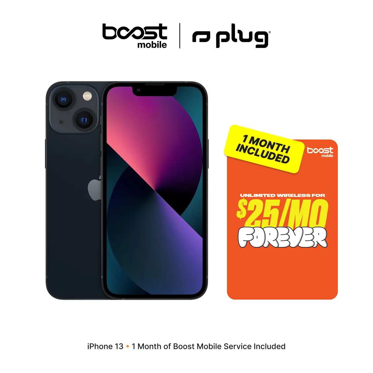 Refurbished Apple iPhone 13 (Unlocked) + 1 Month of Unlimited Boost Mobile Service Included - Good Condition with 1-Year Warranty by Plug Refurbished Apple iPhone 13 (Unlocked) + 1 Month of Unlimited Boost Mobile Service Included - Good Condition with 1-Year Warranty by Plug