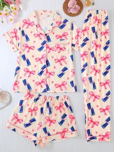 Women's Summer Pajama Set, Button Front Short Sleeve Top, Comfortable Loose Shorts & Pants, Cartoon Heart Pattern Print, All Seasons Casual Wear