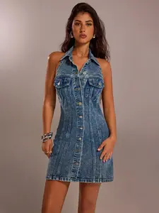 American Retro Hot Girl Style Halter Denim Dress, Summer Sleeveless Short Womenswear, Sweet Cool Vibes, Perfect for Casual Fashion Wear, Stylish and Comfortable