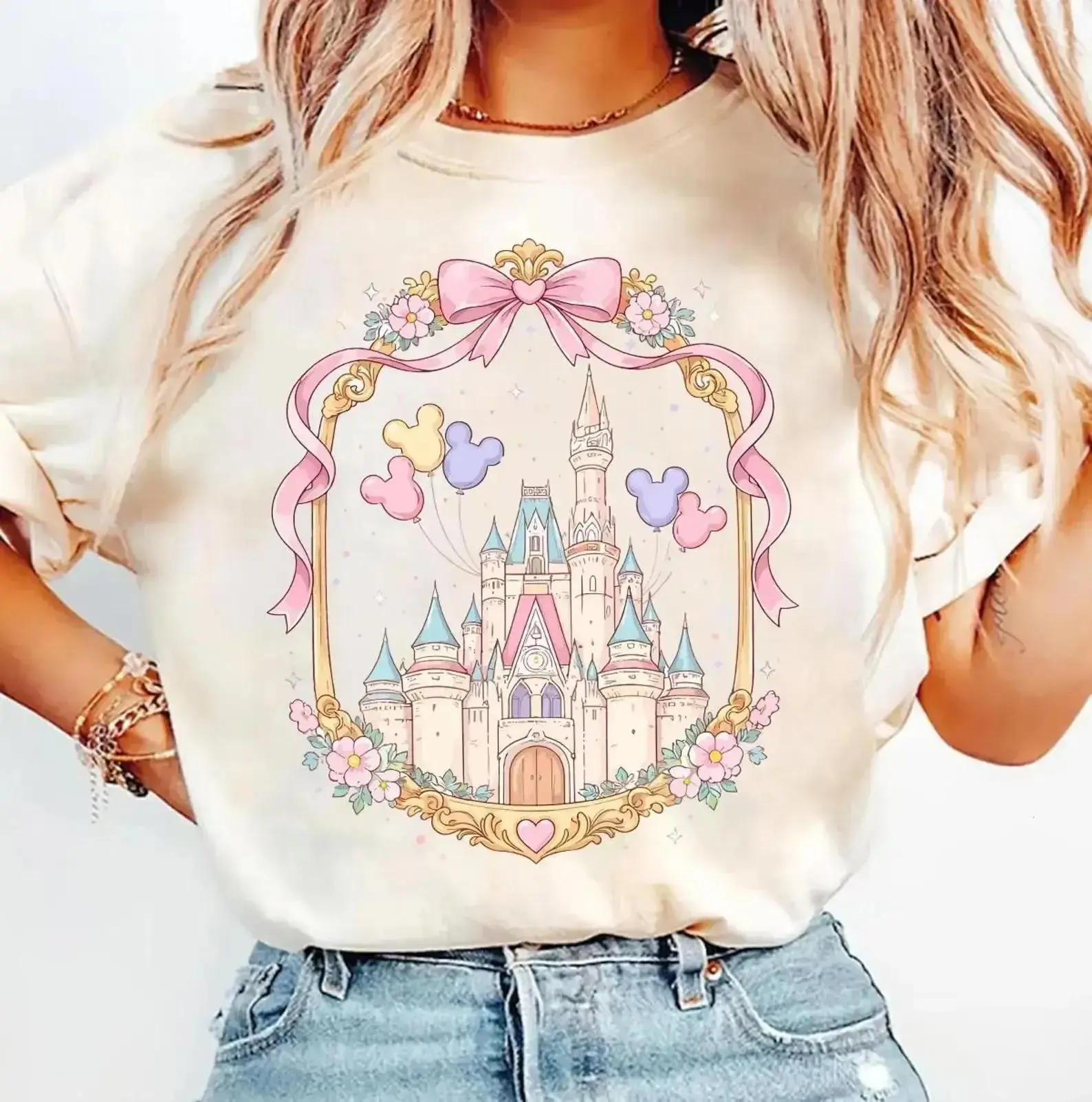 Retro WDW Castle Bow Shirt Cute Coquette Mickey Balloon Tee, Pastel Magic Kingdom Shirt, WDW Trip Tee, DisneyWorld Family Vacation Trip Tee