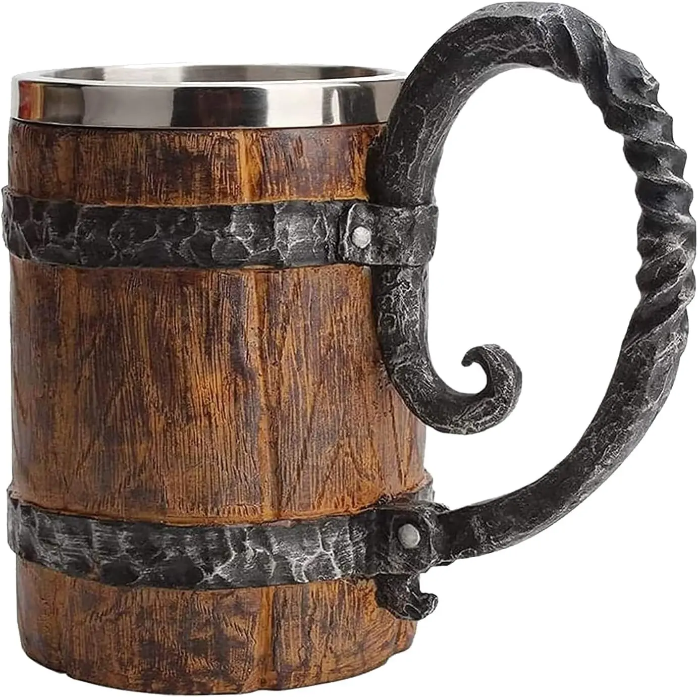 Large Wooden Style Viking Beer Mug Double Wall Stainless Steel Tankard with Handle Antique Beer Stein Gifts for Men Bar Restaurant Renaissance Accessories