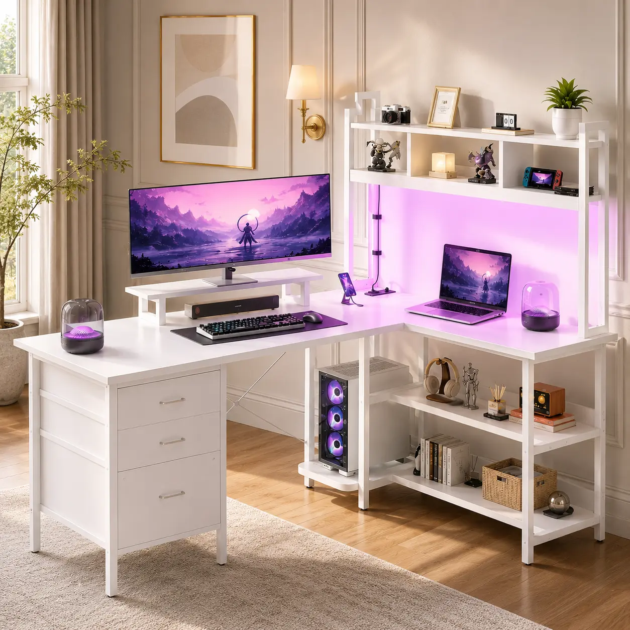 Homieasy L-Shaped Gaming Desk with Hutch, Gaming Desk with Led Lights, Reversible Computer Desk with Power Outlet, Corner Desk with File Drawer & Monitor Stand, Storage Shelves for Home Office