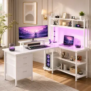 Homieasy L-Shaped Gaming Desk with Hutch, Gaming Desk with Led Lights, Reversible Computer Desk with Power Outlet, Corner Desk with File Drawer & Monitor Stand, Storage Shelves for Home Office