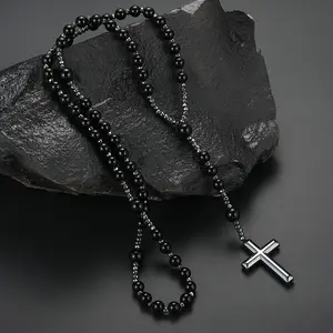 Men's & Women's Natural Stone Beads Long Necklace with Cross Pendant Red Tiger Eye Yellow Tiger Eyes Obsidian Hematite 70cm Length