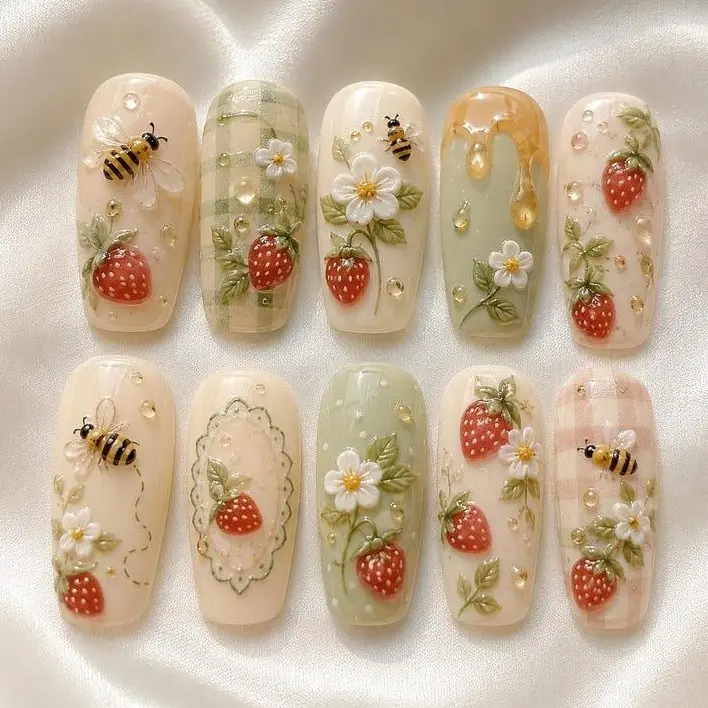 Strawberry Mint Press on Nails 3D Fruit And Flower Bee Honey Floral Conquette