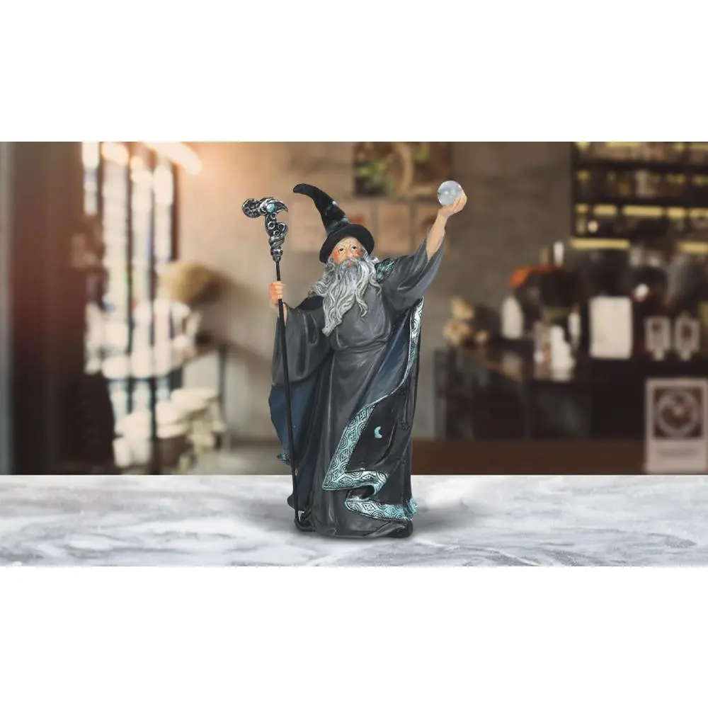 7.75"H Gray/Black Wizard with Magic Wand and Glass Ball Statue Fantasy Decoration Figurine