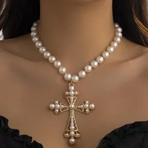 ASANDY Women's Dangling Pearl Gothic Cross Necklace - Vintage Exaggerated Pendant Statement Jewelry, Y2000 Dark Sweet Style Costume Accessory, Pearl Necklace, Dangling Pearl Necklace, Pearlnecklace