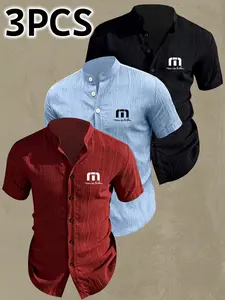 Three-Piece Men's Summer Short Sleeve Shirt, Lightweight Breathable Solid Button Shirt, Classic Style Casual, Letter Pattern Print, Ideal for Beach and Pool Parties
