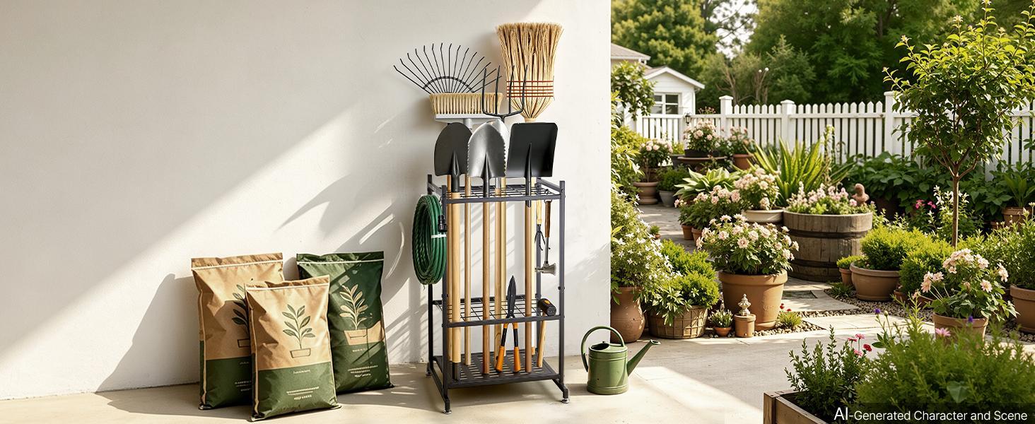 【BackToSchool】VEVOR Garden Tool Organizer, 35 Slots with Hooks, Metal Garage Storage Rack, for Rakes/Shovels/Brooms, Yard Utility Tool Holder for Shed/Outdoor/Lawn Organization, Heavy-Duty Steel, Freestanding,Black