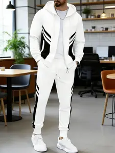 Casual Polyester Men's Hooded Sportswear Set with Pocket Details, Solid Color Long-Sleeved Knit Fabric, Slightly Elastic, Regular Fit Hoodie and Pants Set