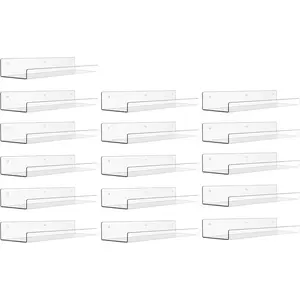 upsimples 16 Pack Acrylic Shelves for Wall Storage, 15" Floating Bookshelves for Kids, Display Shelf Organizer for Bathroom, Bedroom, Living Room, Kitchen, Room Decor, Clear