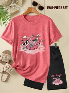 Women's Washed Two-Piece Set (T-Shirt + Shorts), "STAY SALTY" Skeleton Flamingo Print, Multiple Colors Available, Machine Washable, Spring & Summer, Soft Skin-Friendly Fabric, Daily Versatile, Fashion Design
