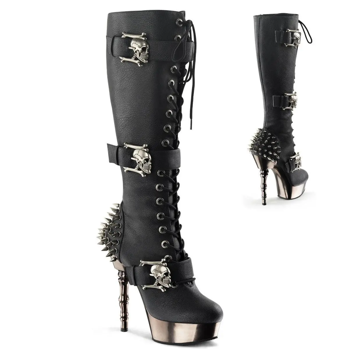 Demonia Muerto-2028 Black Vegan Leather/Pewter Chrome Knee-high