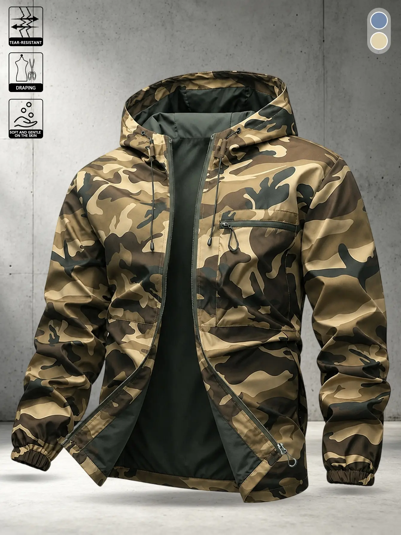 Men’s classic jungle camouflage hooded functional jacket with an adjustable windproof hood featuring two drawstrings, elastic cuffs, and a hem; camouflage jacket for hunting, camping, and hiking in spring and autumn.