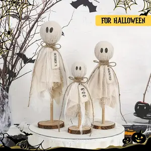 3pcs Wooden Ghost Figurines with Burlap Base, Rustic Halloween Table Decor Statue for Indoor Dining & Bookshelves, Perfect for Fall & Winter Holidays
