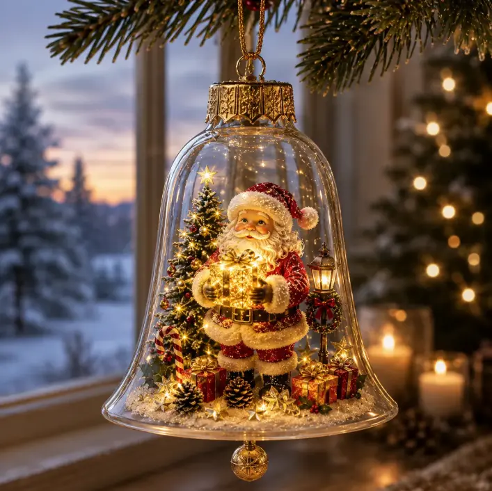 Christmas bell ornaments, clear glass bell pendants, with Santa Claus figurines, Christmas tree pendants, Christmas home decorations and gifts.
