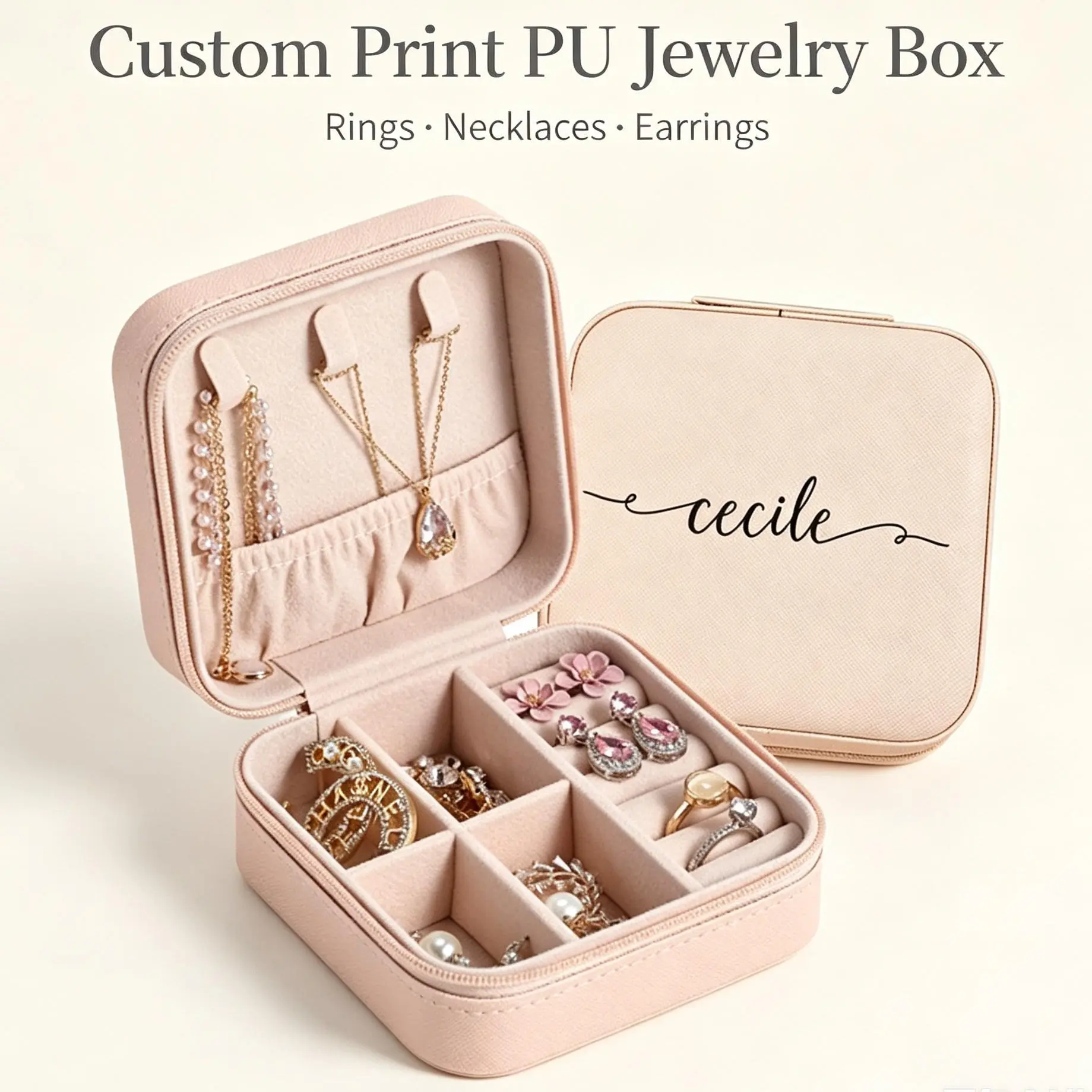 Personalized Custom Print PU Travel Jewelry Box, Portable Mini Jewelry Organizer Case for Rings Earrings Necklaces, Custom Name Floral Pattern Storage Box Gift for Women