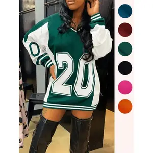 Women’s colorblock figure-print drop-shoulder sweatshirt, preppy street fashion V-neck long-sleeve pullover for daily outdoor wear, ladies’ spring and fall clothing