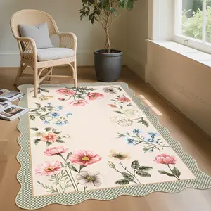 Farmhouse Floral Living Room Rug with Non-Slip Rubber Backing Scallop Printed Area Rug for Bedroom Dining Room Office