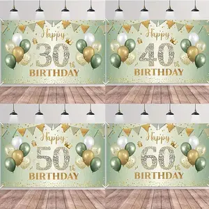 1SET Golden Green Birthday Banner for 30 40 50 60th Birthday Party Background Banner Decoration Supplies For Photography