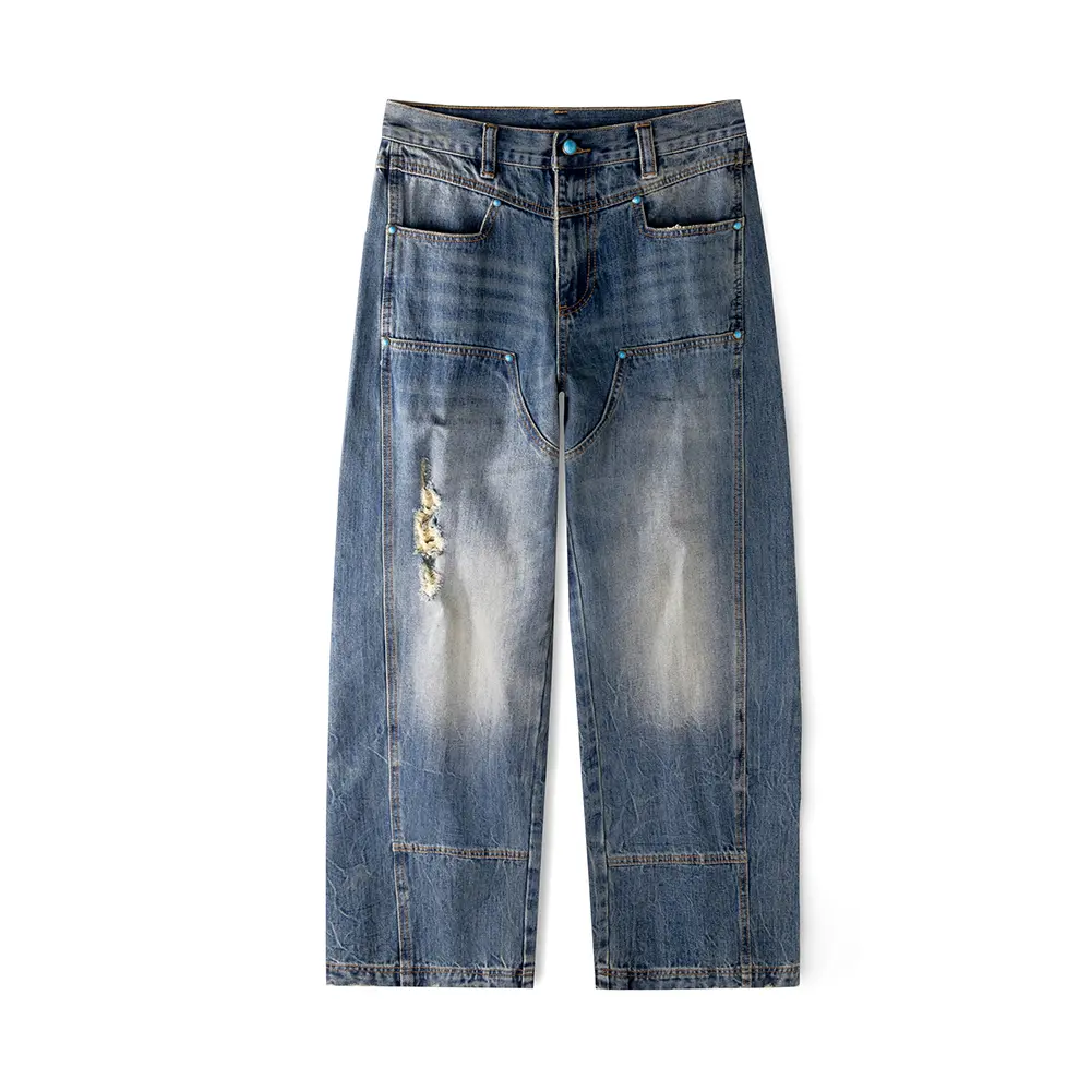 Men's wide leg loose jeans, carpenter patch denim pants, light retro washed, double front panel stitching, worn-out tear and wear holes, rivet decorative details, Y2K Grunge streetwear, skateboard retro workwear leggings