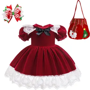 116 (Dress + all accessories) Baby dress with puff sleeves embroidered tutu skirt bow princess dress Christmas dress holiday performance costume