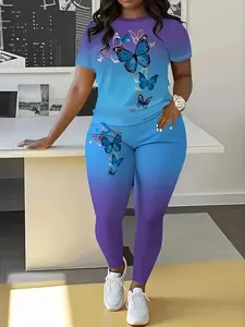 Butterfly Print Gradient Color Women's Spring & Fall Casual Round Neck Short Sleeve Long Pants Two-Piece Set, Fitted Regular Length, Matching Clothing Set, Lady