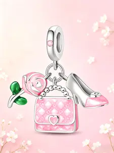 Rose Handbag High Heel Dangle Bead for Bracelet, 925 Sterling Silver Multi-Charm with Enamel & Cz, Hypoallergenic DIY Jewelry Charm for Women