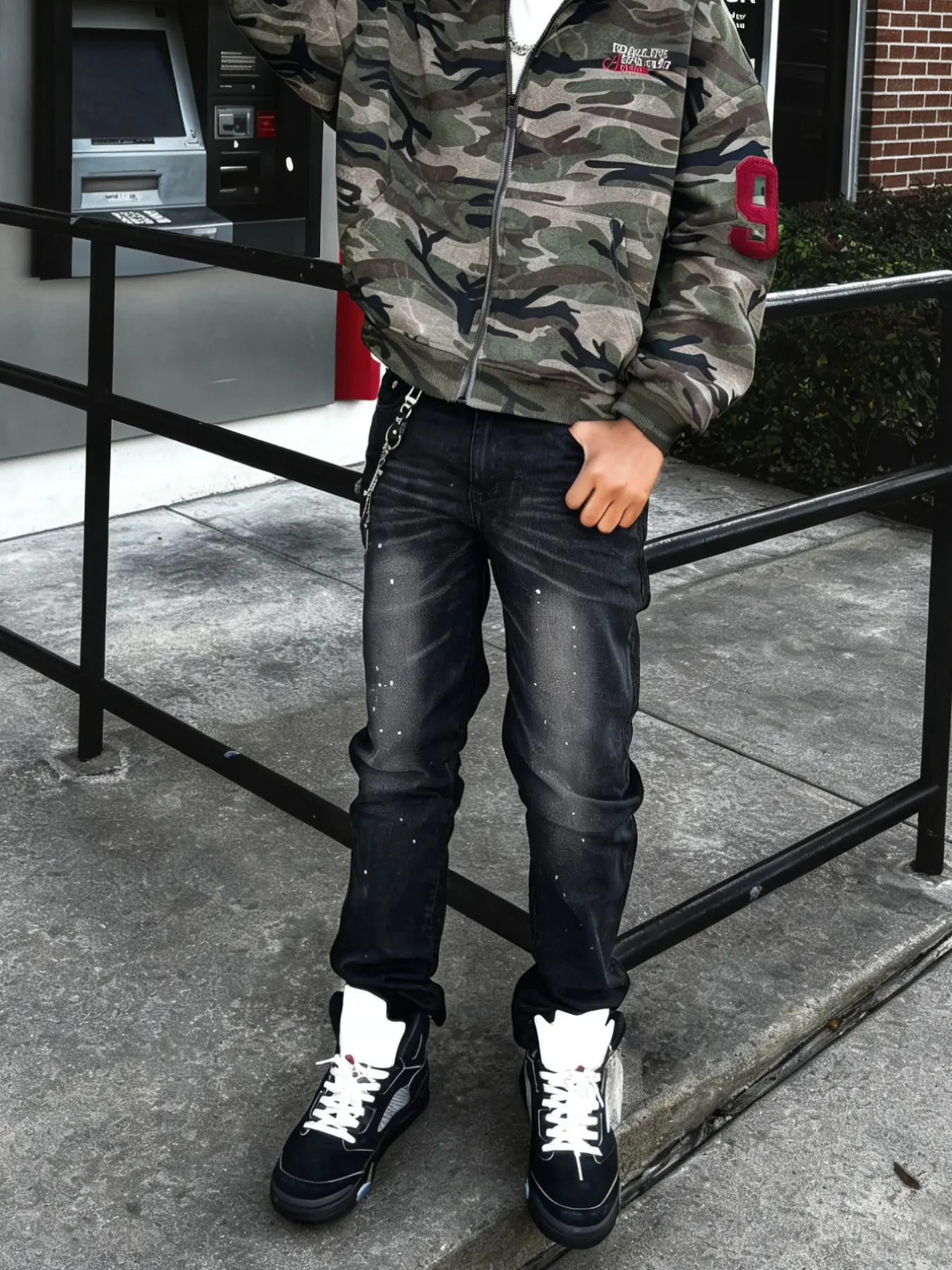 Popular men's Y2K Streetwear, street fashion black and gray plain distressed jeans, Fashion Ripped Jeans | Elastic slim-fit denim pants with washed splatter details, a must-have for urban street style