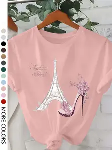 Women's Paris Eiffel Tower High Heels Print Half Sleeve T-Shirt, Casual Round Neck Top, Everyday Wear, All Seasons Clothing